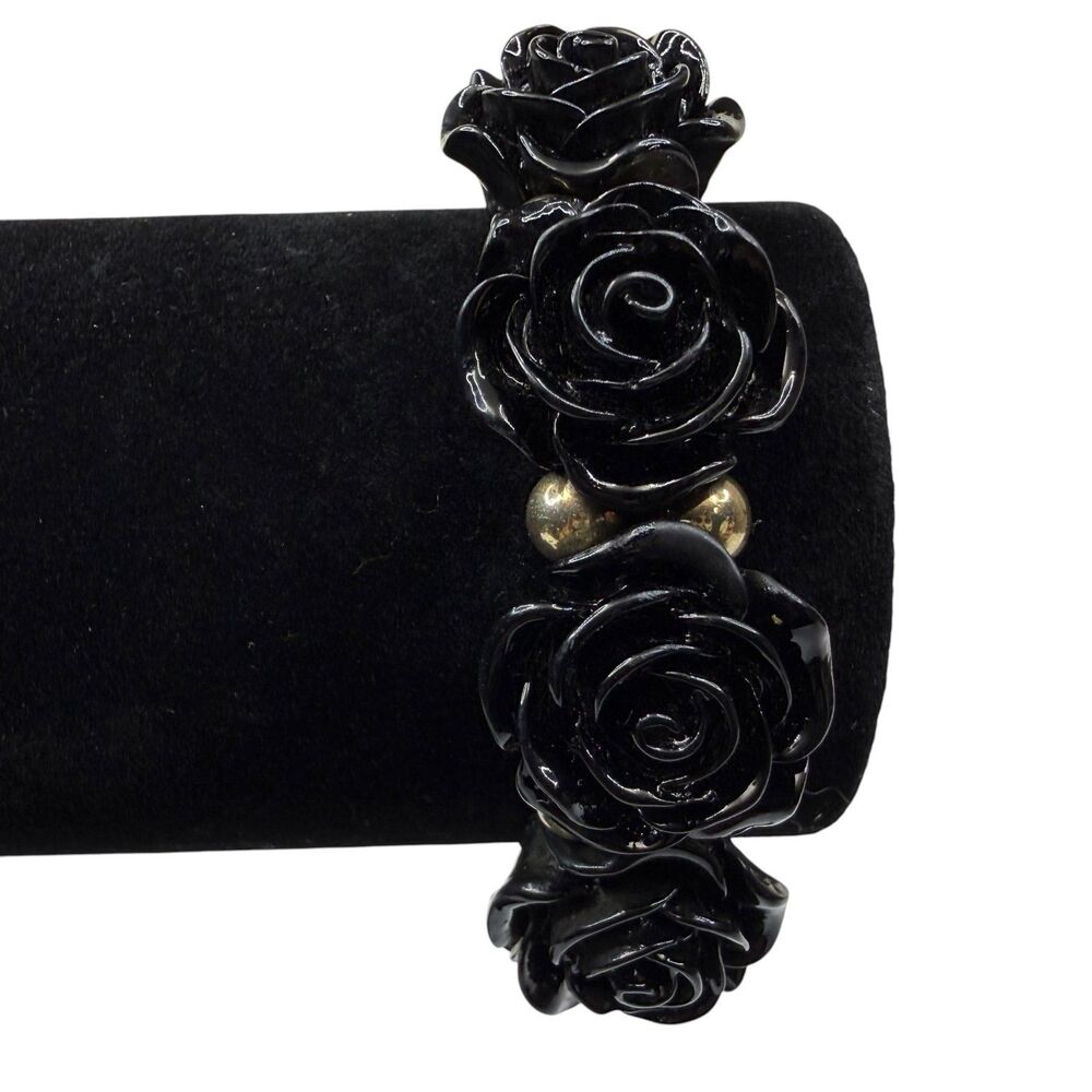 Fashion Black Rose Floral Stretch Bracelet Gold Tone Beaded Statement Jewelry